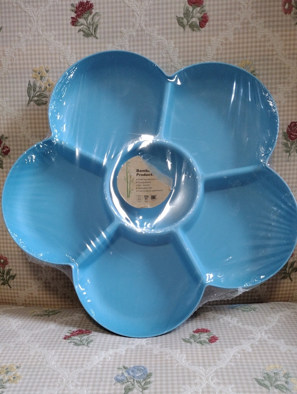 Blue Flower-Bamboo Shaped Snack Platter with Center Dip